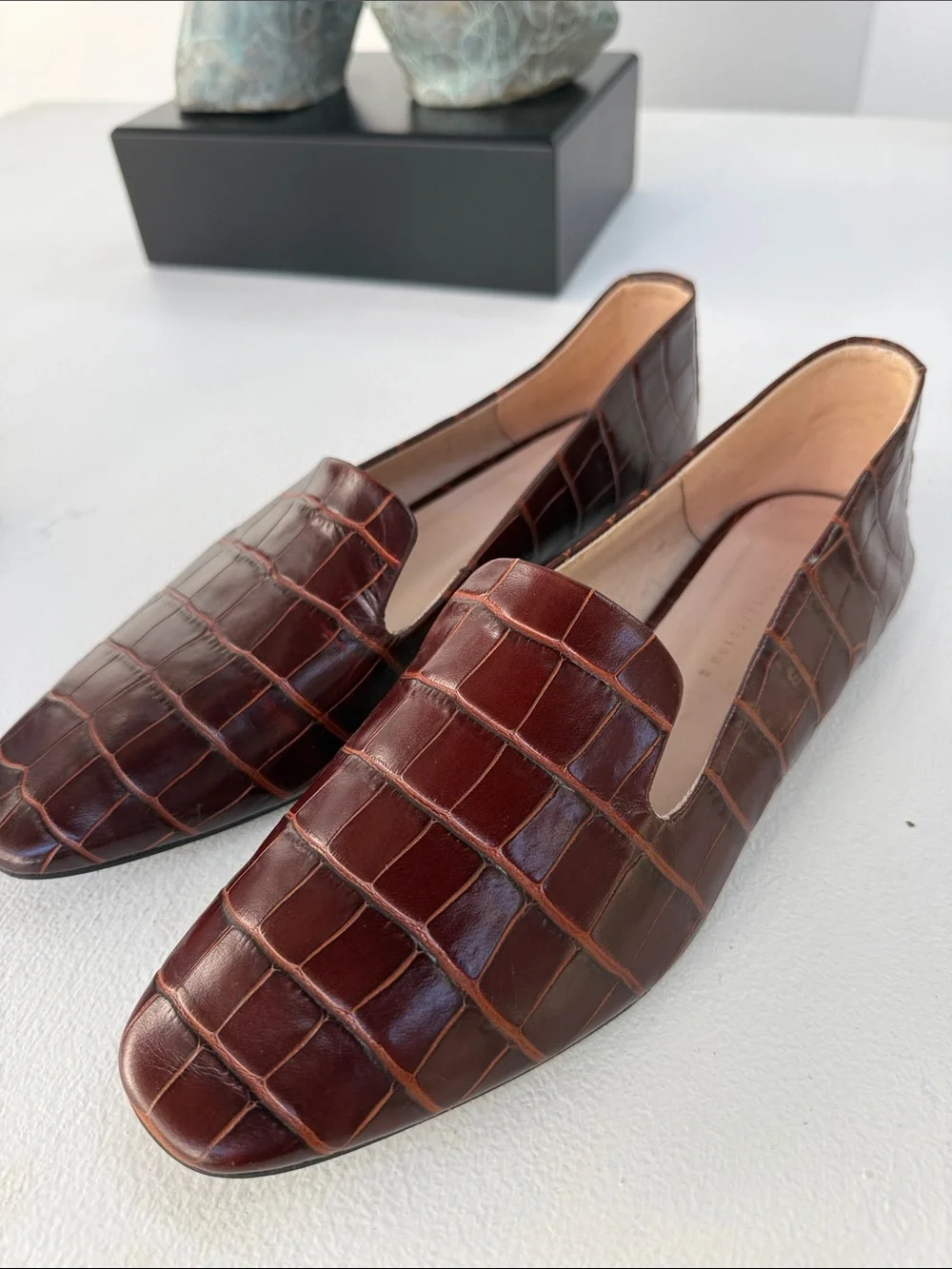 Zara Women’s Croc-Embossed Dark Brown Leather Slip-On Loafers